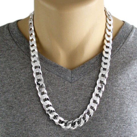 STERLING SILVER CUBAN CURB FLAT CHAIN NECKLACE 14MM (GAUGE 350). - Picture 2 of 2